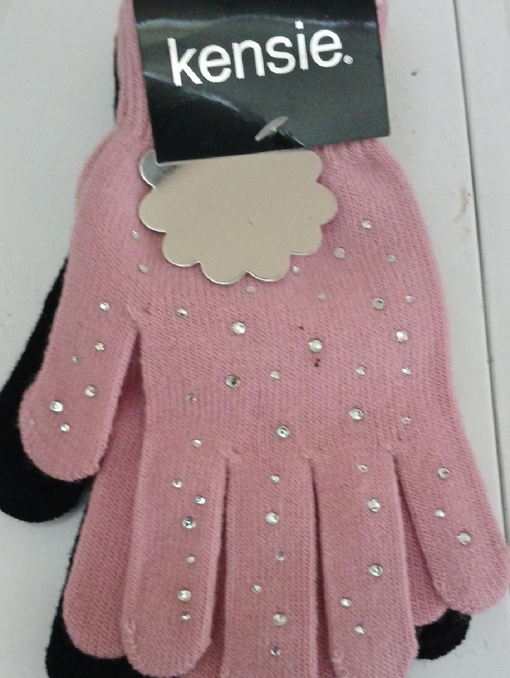Kensie Pink Knit Gloves with Rhinestone Accents